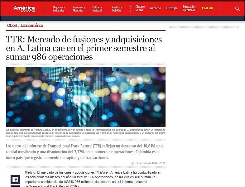 TTR: Mercado de fusiones y adquisiciones en A. Latina cae en el primer semestre al sumar 986 operaciones